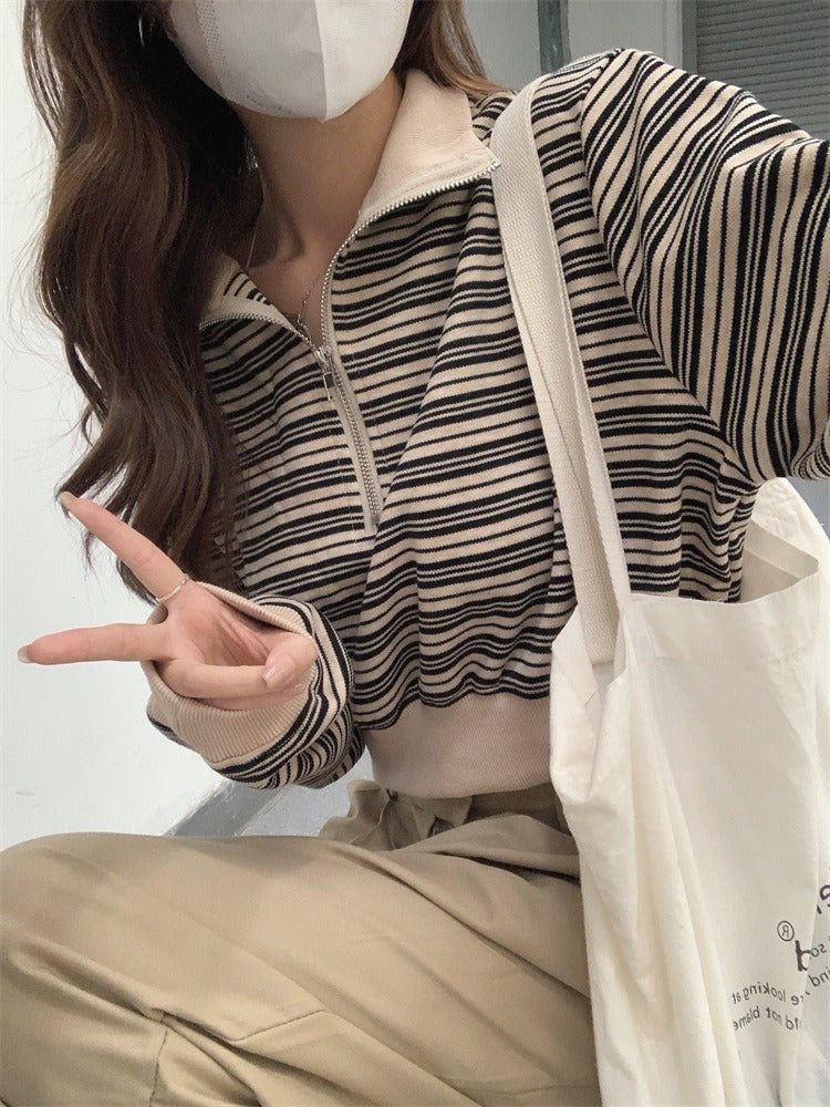 Half-Zip Striped Cropped Pullover Sweatshirt