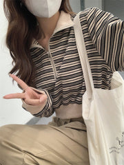 Half-Zip Striped Cropped Pullover Sweatshirt