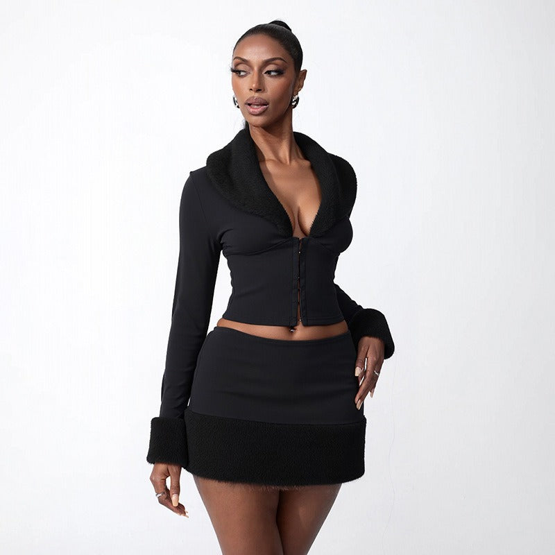Hook-Button Lapel Top Hip-Hugging Mini Skirt Suit