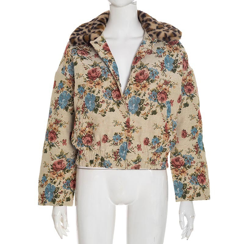 Fur Collar Patchwork Jacquard Long-Sleeved Button Cardigan Jacket