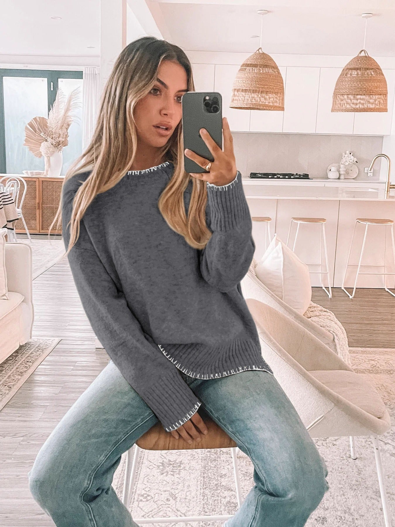 Crew Neck Slit Pullover Sweater