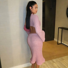 Navel-Baring Sweater Fishtail Skirt Woolen Suit