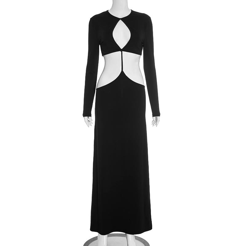 Long Sleeve Backless Round Neck Cutout Maxi Dress