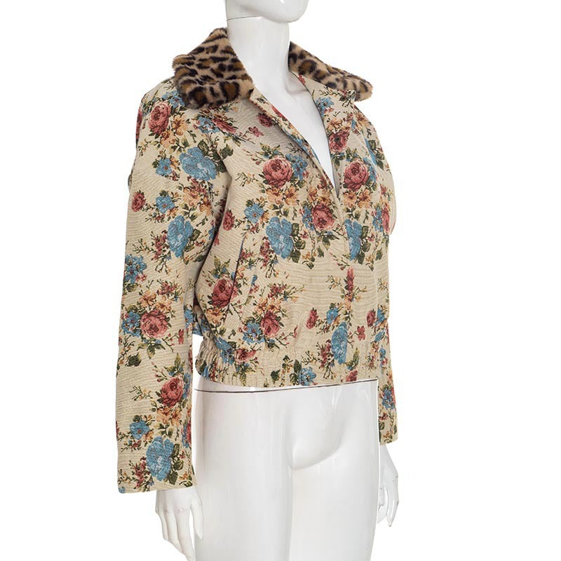 Fur Collar Patchwork Jacquard Long-Sleeved Button Cardigan Jacket