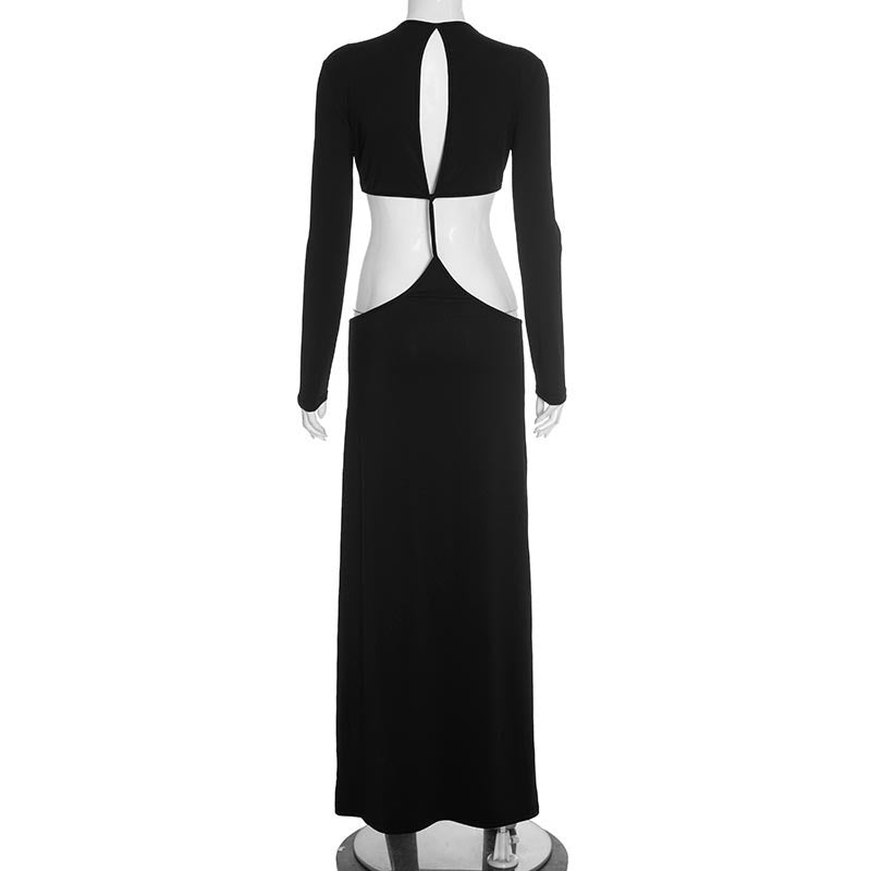 Long Sleeve Backless Round Neck Cutout Maxi Dress