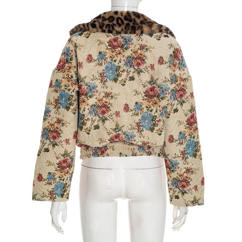 Fur Collar Patchwork Jacquard Long-Sleeved Button Cardigan Jacket