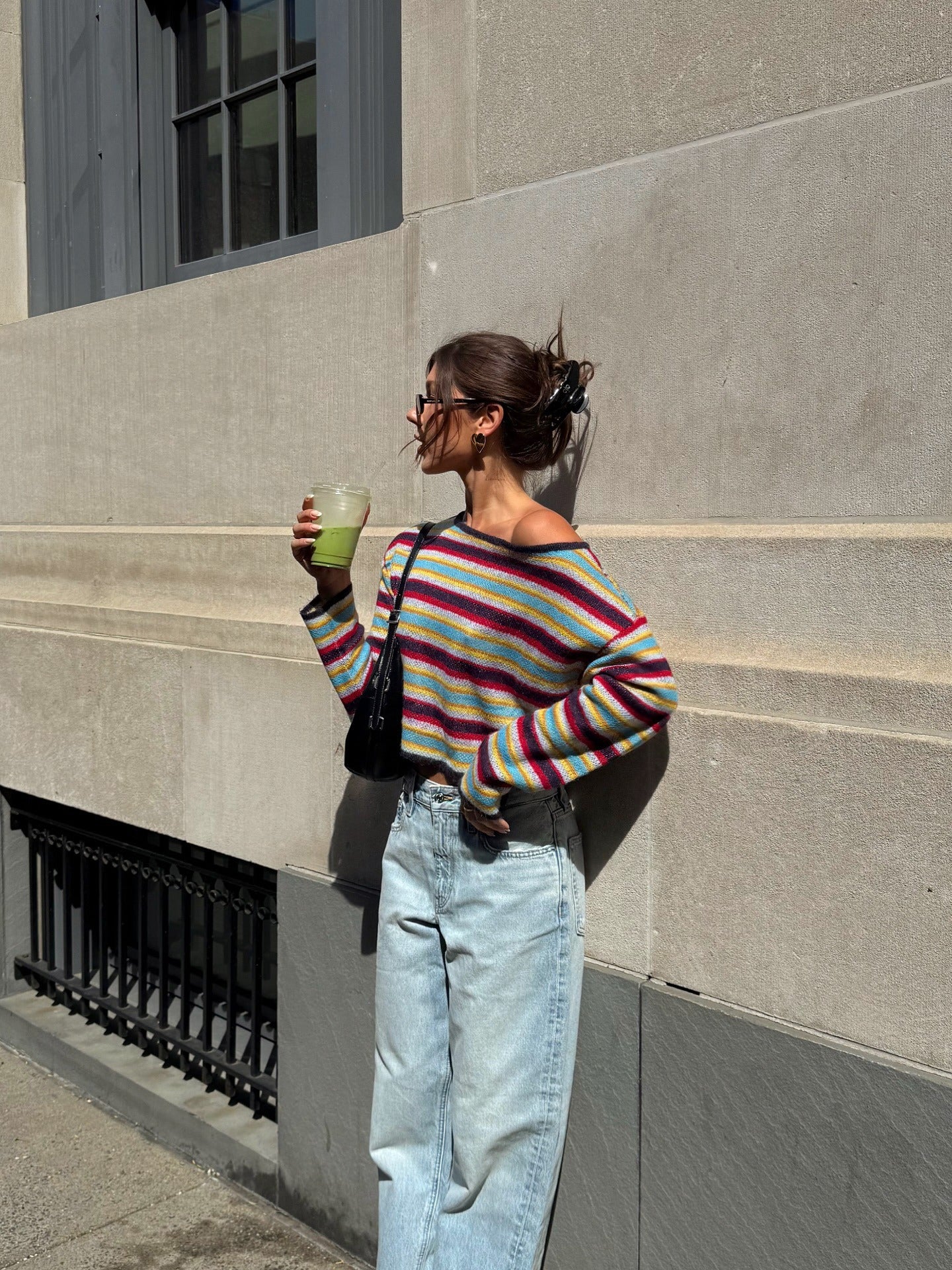 Colorful Striped Off-The-Shoulder Long-Sleeved Top