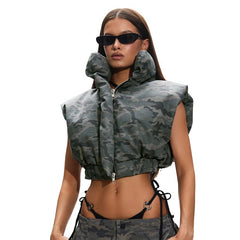 Camouflage Sleeveless Cropped Zip-Up Vest