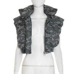 Camouflage Sleeveless Cropped Zip-Up Vest