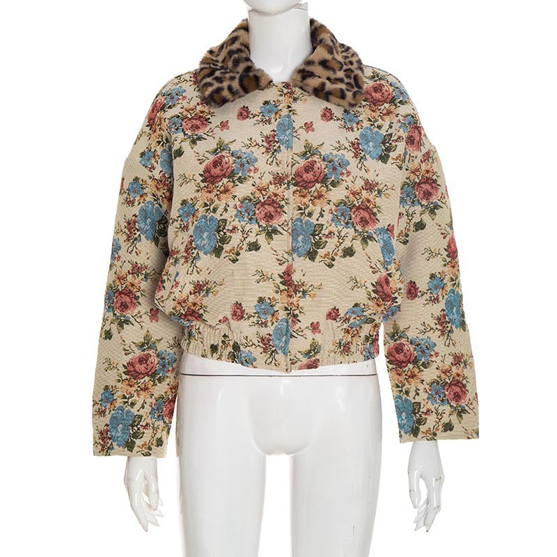 Fur Collar Patchwork Jacquard Long-Sleeved Button Cardigan Jacket