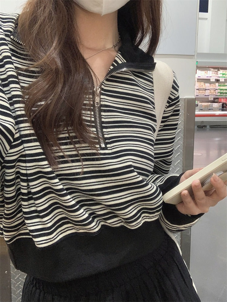 Half-Zip Striped Cropped Pullover Sweatshirt