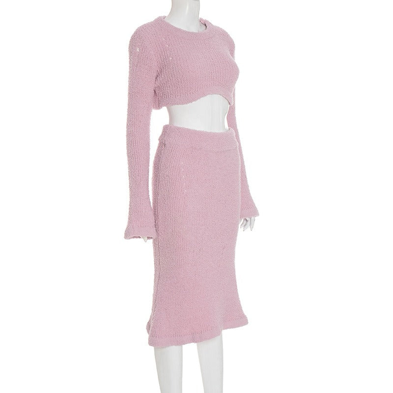 Navel-Baring Sweater Fishtail Skirt Woolen Suit