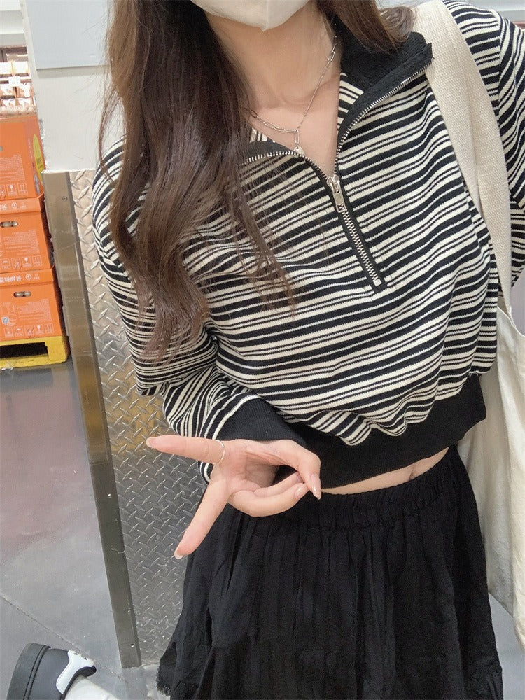 Half-Zip Striped Cropped Pullover Sweatshirt
