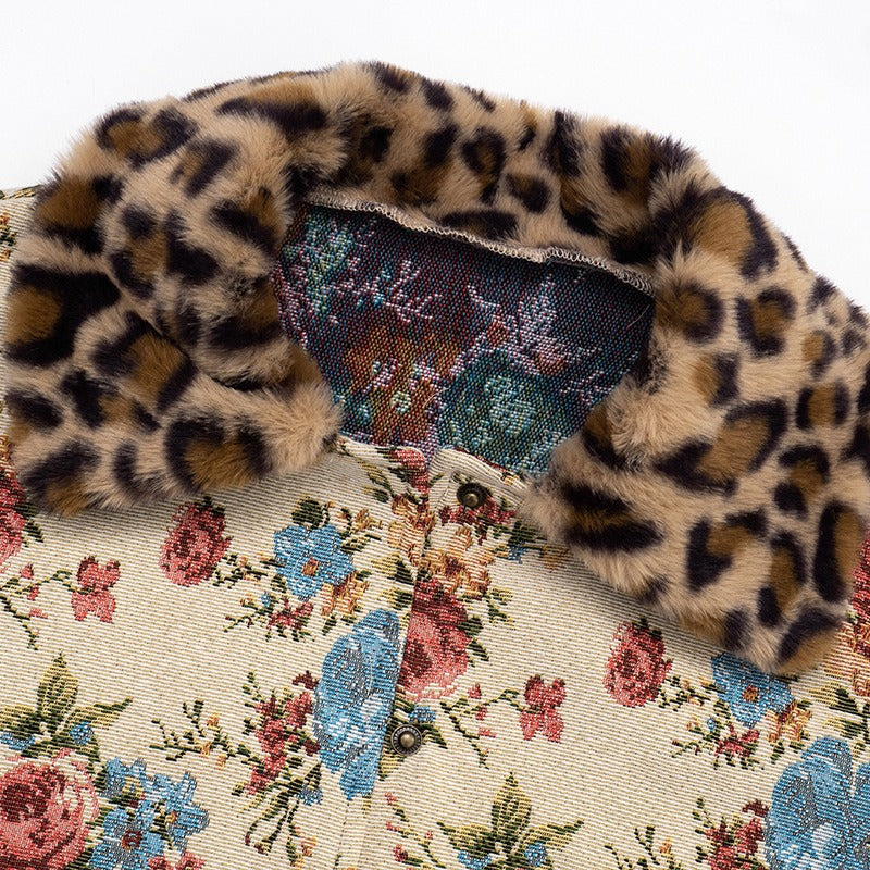 Fur Collar Patchwork Jacquard Long-Sleeved Button Cardigan Jacket