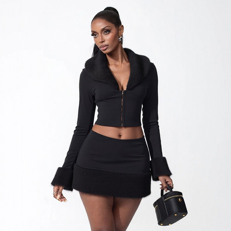 Hook-Button Lapel Top Hip-Hugging Mini Skirt Suit