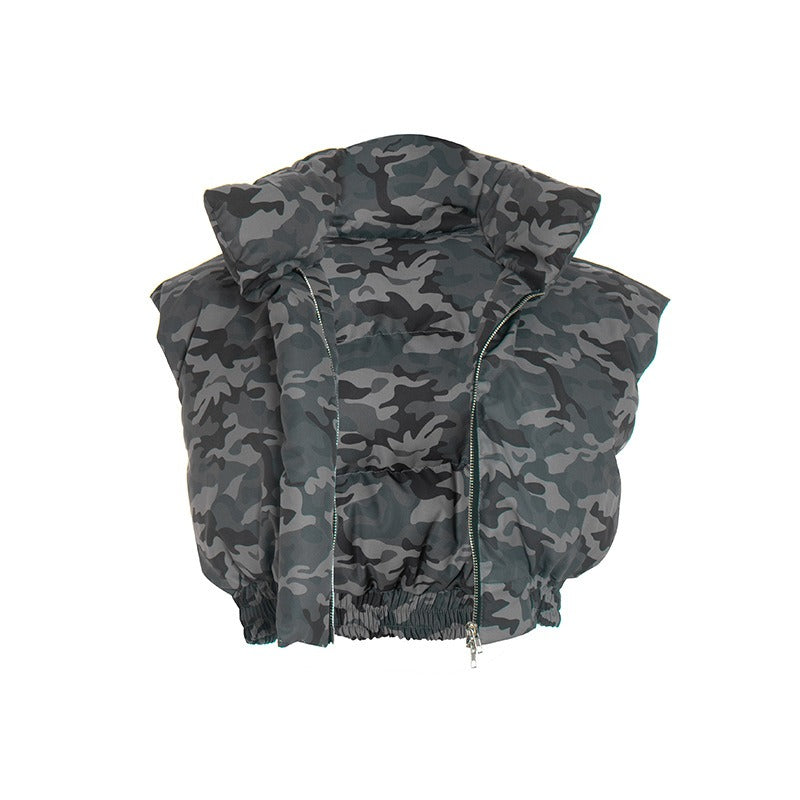 Camouflage Sleeveless Cropped Zip-Up Vest