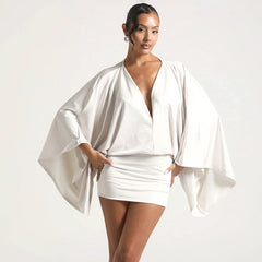 Imitation Silk V-neck Long-Sleeved Hip-Hugging Dress