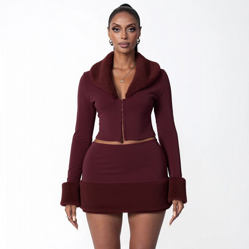 Hook-Button Lapel Top Hip-Hugging Mini Skirt Suit