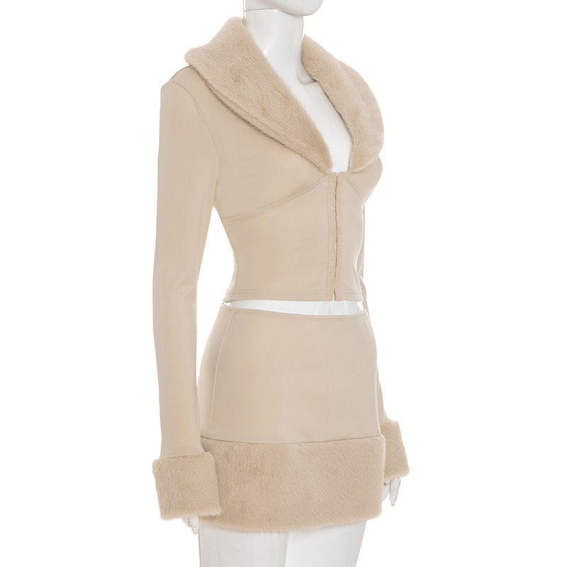 Hook-Button Lapel Top Hip-Hugging Mini Skirt Suit