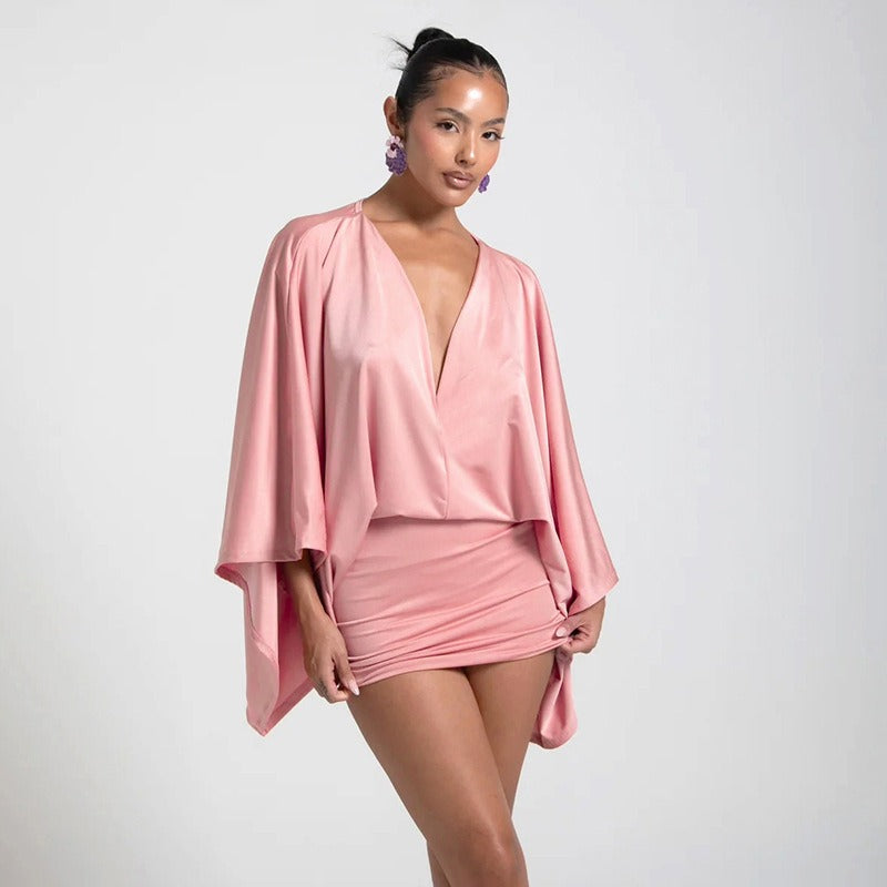 Imitation Silk V-neck Long-Sleeved Hip-Hugging Dress