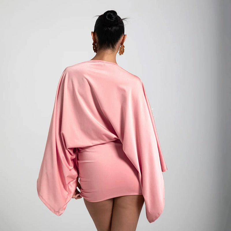 Imitation Silk V-neck Long-Sleeved Hip-Hugging Dress