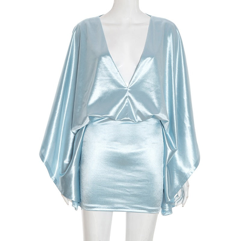 Imitation Silk V-neck Long-Sleeved Hip-Hugging Dress
