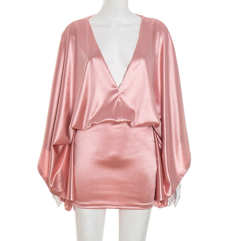 Imitation Silk V-neck Long-Sleeved Hip-Hugging Dress
