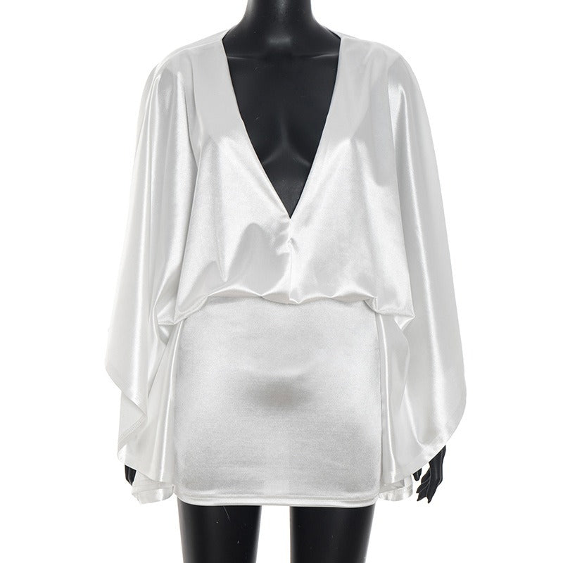 Imitation Silk V-neck Long-Sleeved Hip-Hugging Dress