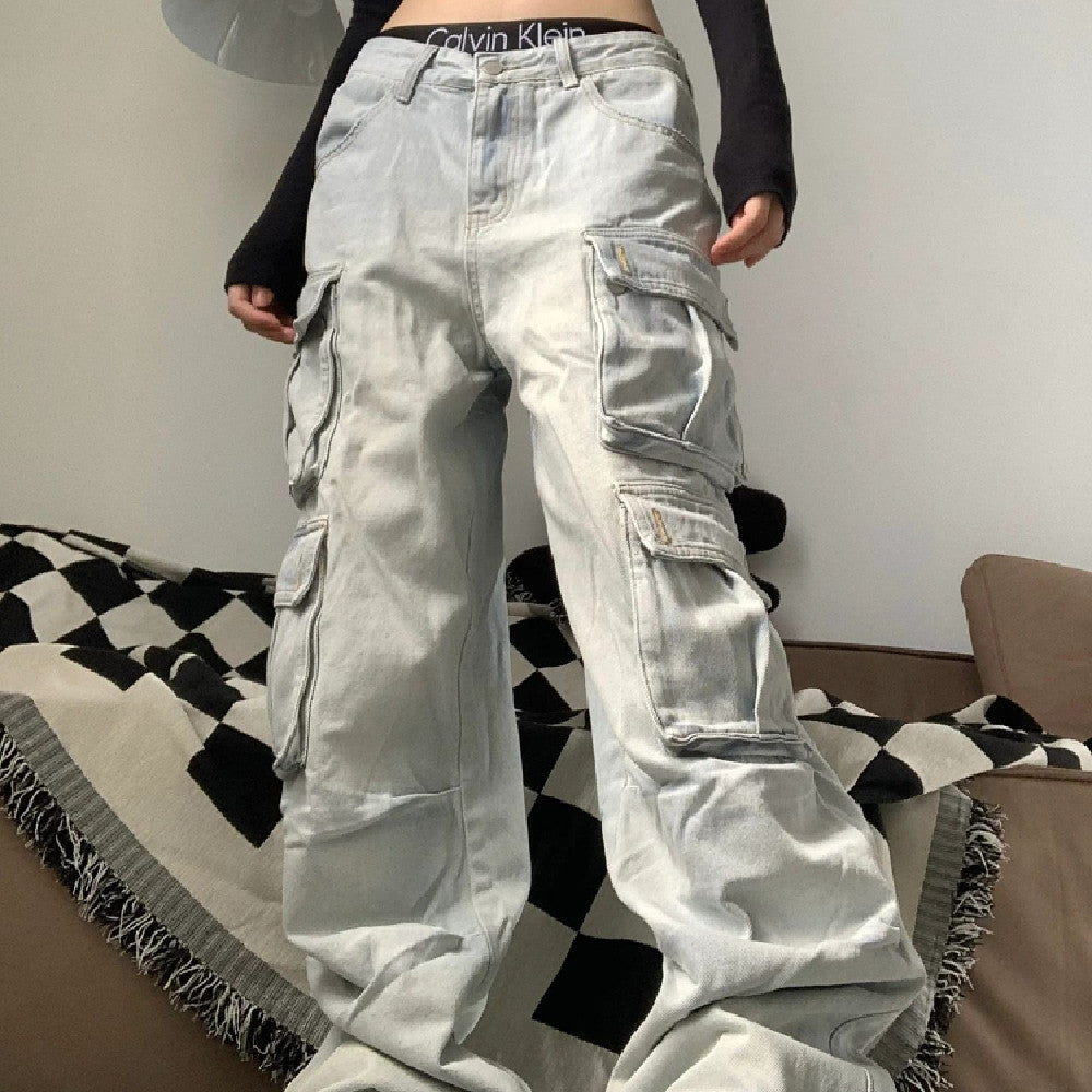 Multiple Pocket Washed Cargo Boyfriend Jeans