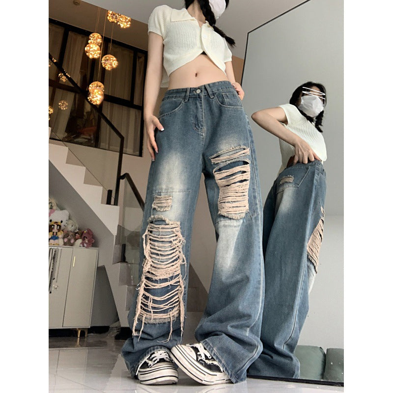 Retro Distressed Patch Ripped Baggy Jeans