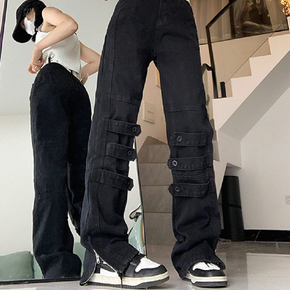 Black Ankle Straight Cargo Jeans