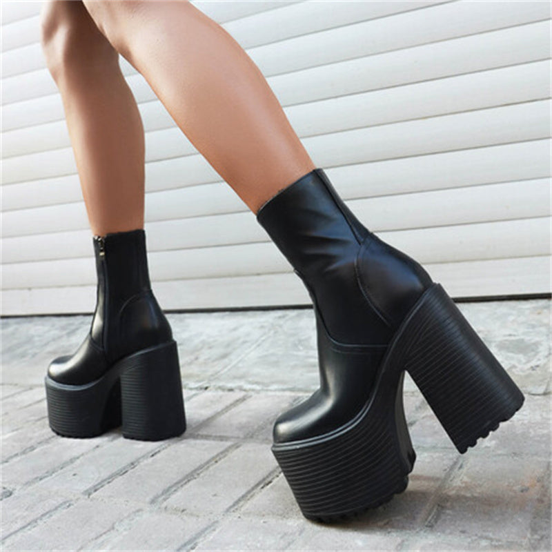 Chunky Heel Round Toe Platform Boots