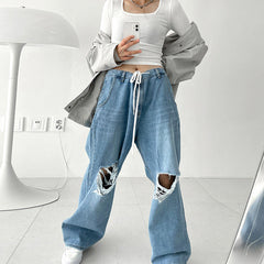 Hip Hop Irregular Ripped High Waist Tie Loose Pants