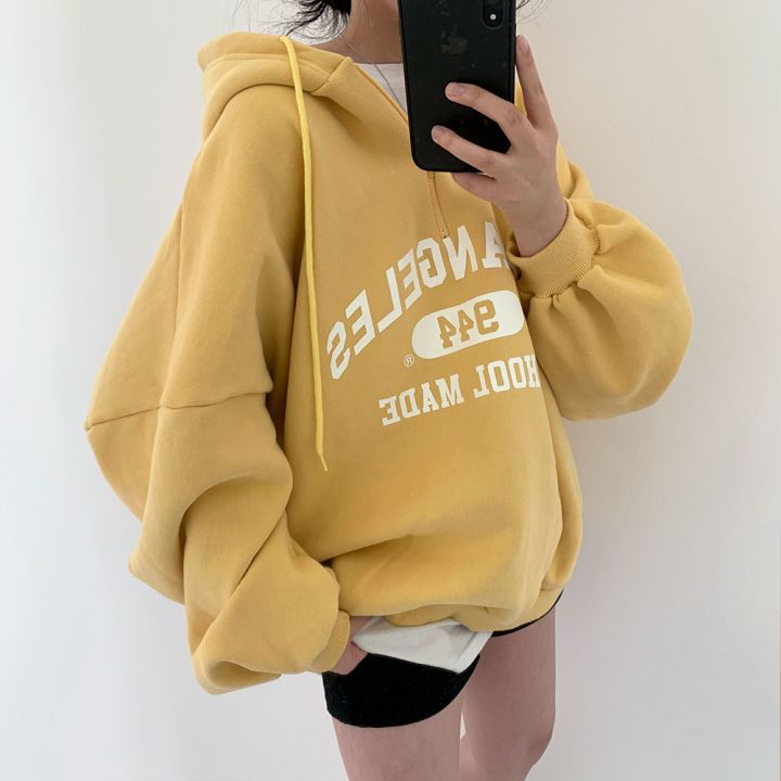 Vintage Letter Print Half Zip Oversized Hoodie