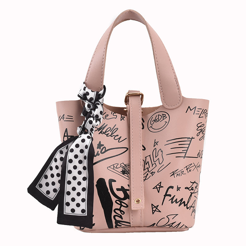 Cartoon Print Silk Scarf Bucket Bag