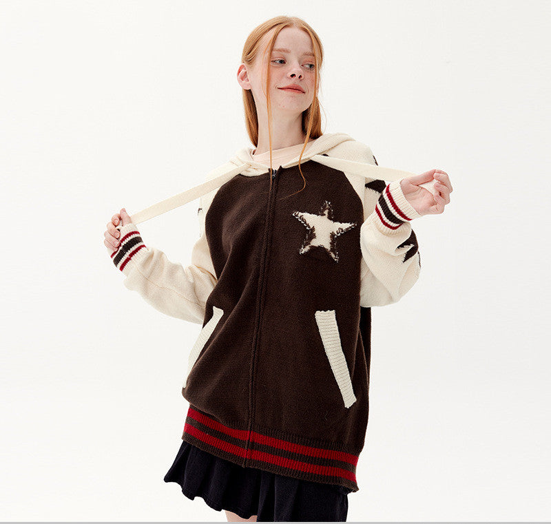 Contrast Star Jacquard Hooded Zip Up Cardigan