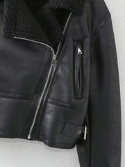 Lamb Wool Zip Up Pu Leather Jacket