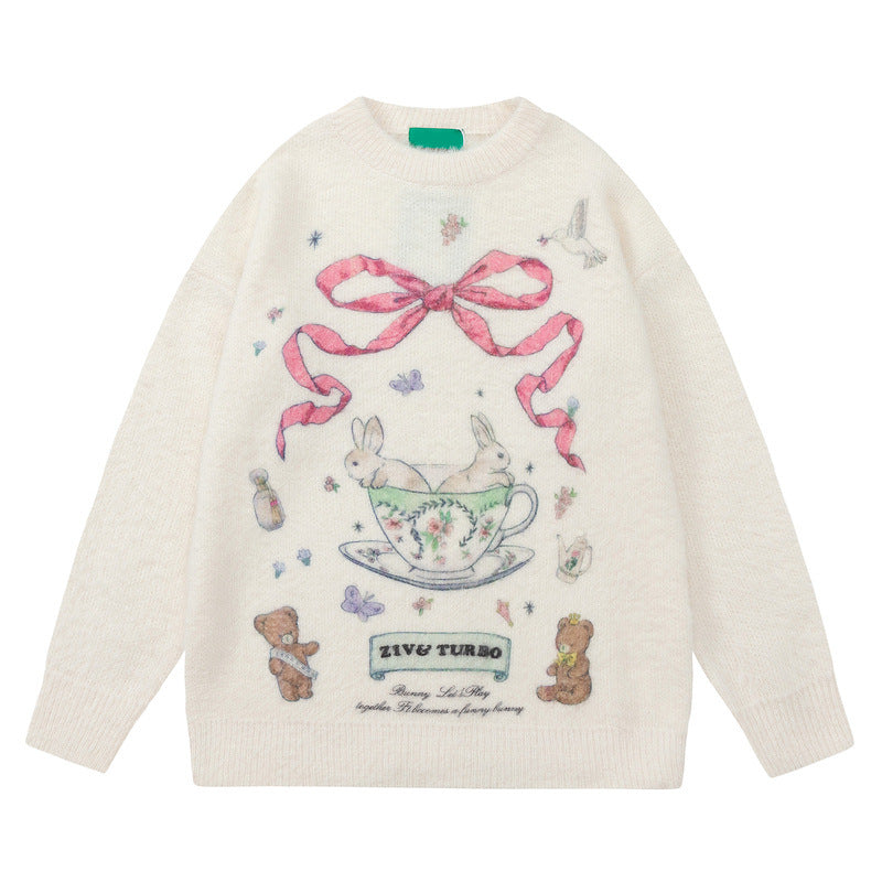 Aesthetic Rabbit Print Oversized Sweater