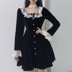 Elegant Square Neck High Waist Long Sleeve Velvet Dress