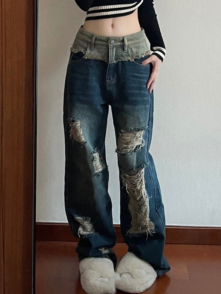 Patchwork Distressed Straight Leg Ripped Jeans