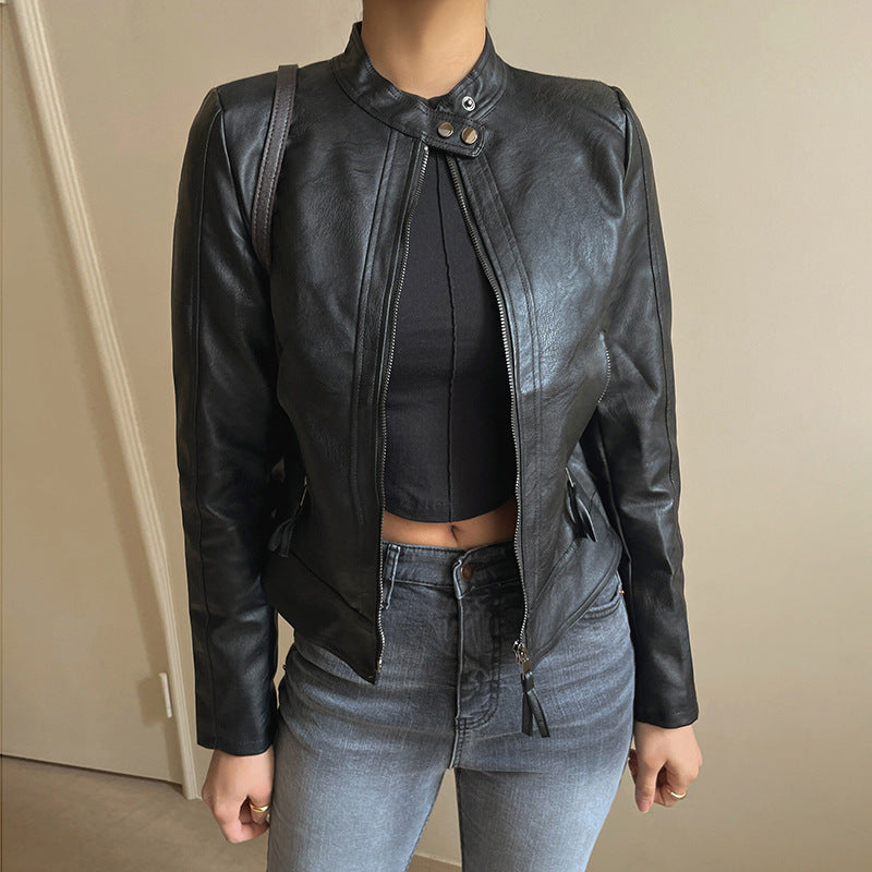 Collar Neck Zip Up Slim Moto Leather Jacket