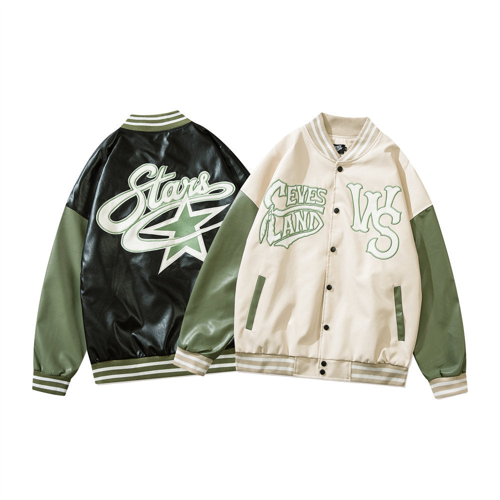 Vintage Green Embroidery Varsity Jacket