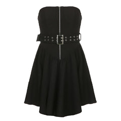 Metal Buckle Belt Draped Hem Irregular A Swing Dress