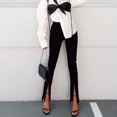 Solid Color Feet Zipper Slit Slim Trousers