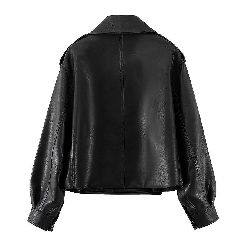 Long-sleeved Lapel Loose-fit Leather Jacket