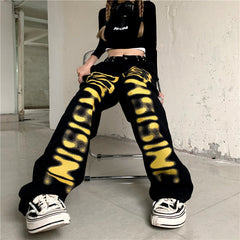 Harajuku Style Letter Print Straight Leg High Waist Jeans