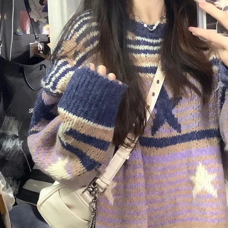 Contrast Color Stripe Star Jacquard Sweater