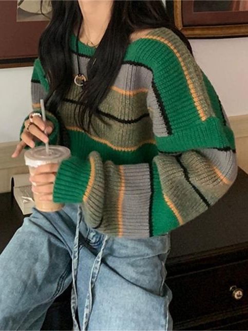 Contrast Color Stripe Loose Crop Sweater