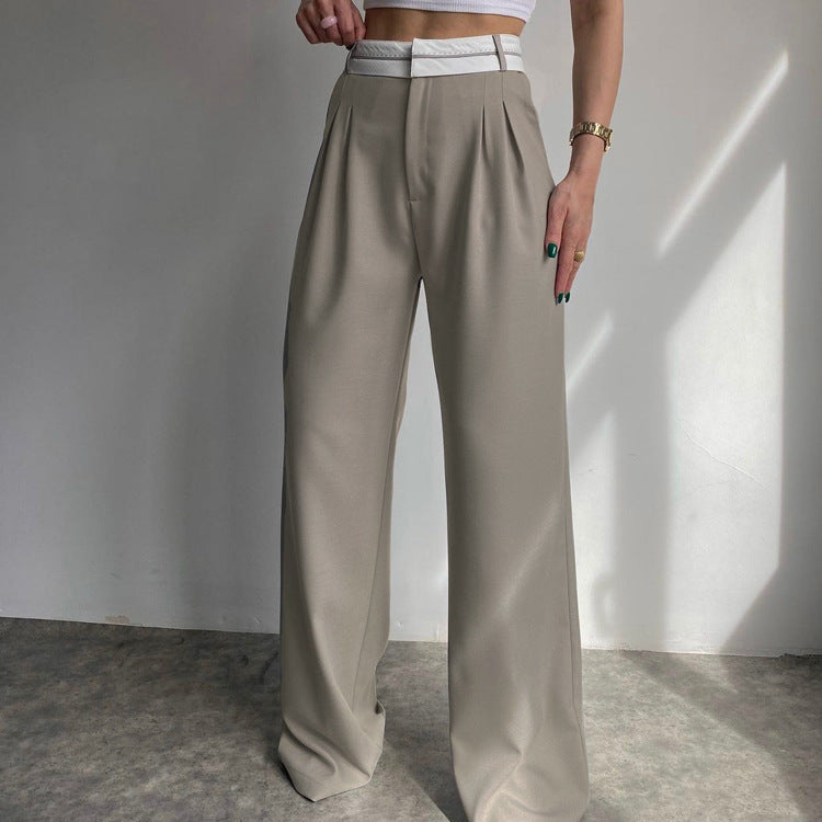 Patchwork Waist Baggy Pleated Tailored Pants