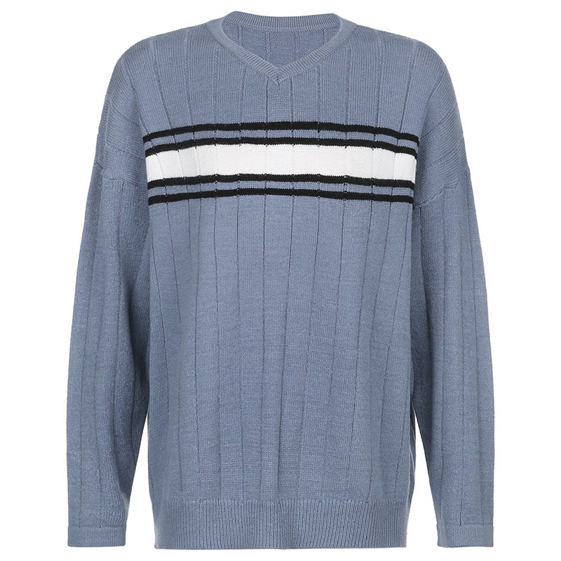 V Neck Striped Oversize Sweater